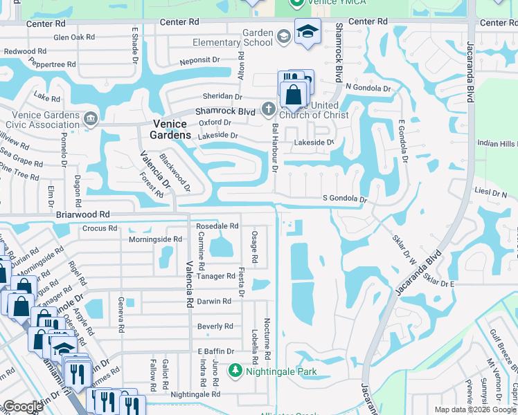 map of restaurants, bars, coffee shops, grocery stores, and more near 625 Briarwood Road in Venice