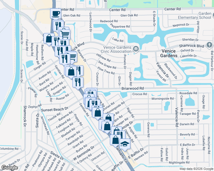 map of restaurants, bars, coffee shops, grocery stores, and more near 1794 Coconut Drive in Venice