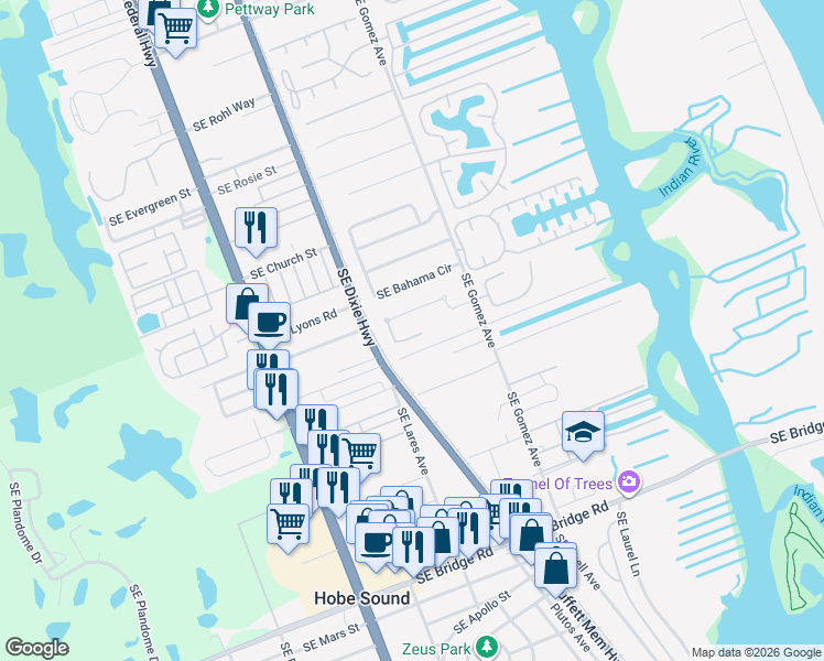 map of restaurants, bars, coffee shops, grocery stores, and more near 8887 Southeast Rigdon Way in Hobe Sound