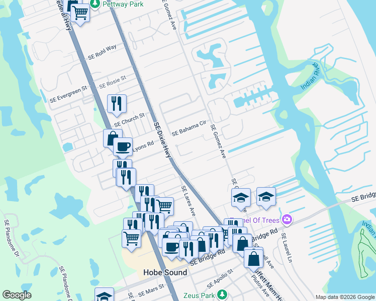 map of restaurants, bars, coffee shops, grocery stores, and more near 8887 Southeast Rigdon Way in Hobe Sound