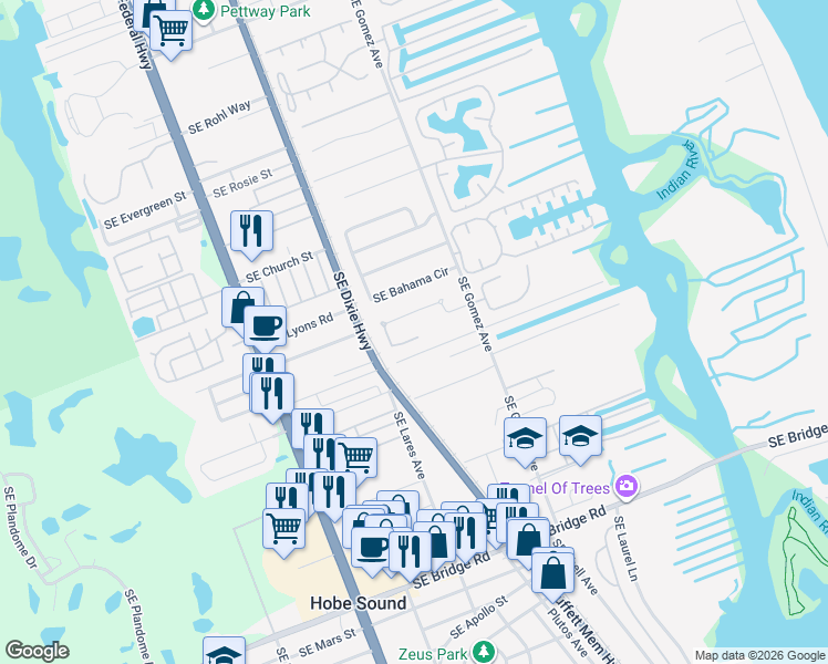 map of restaurants, bars, coffee shops, grocery stores, and more near 8887 Southeast Rigdon Way in Hobe Sound