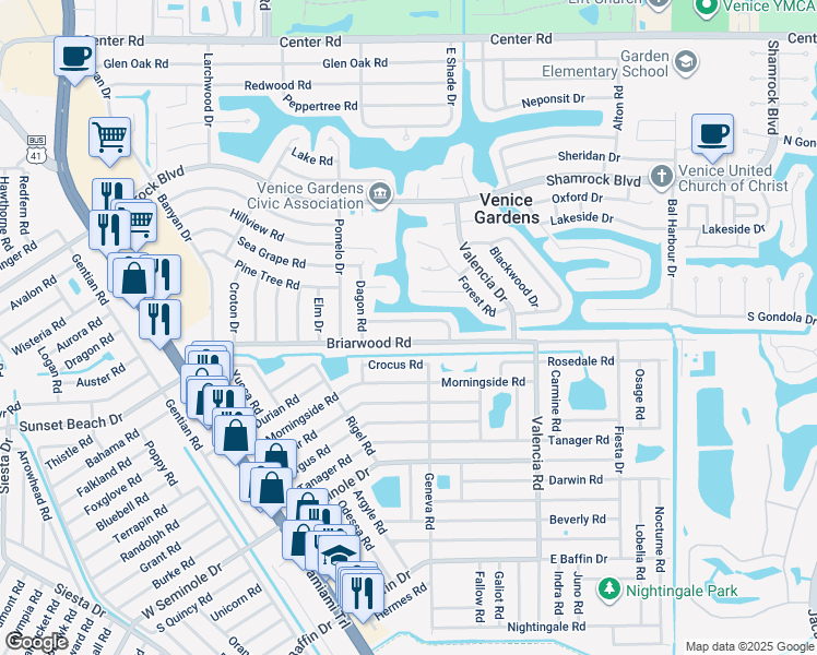 map of restaurants, bars, coffee shops, grocery stores, and more near 426 Clover Road in Venice