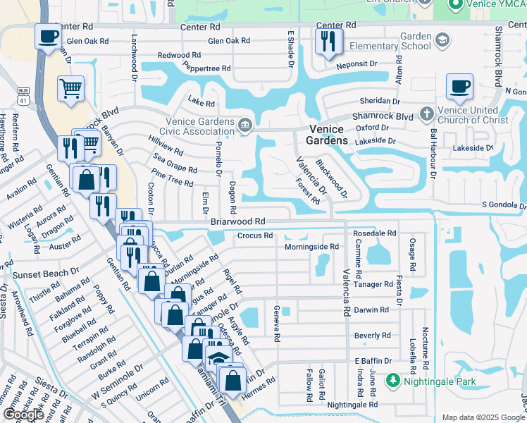 map of restaurants, bars, coffee shops, grocery stores, and more near 426 Clover Road in Venice