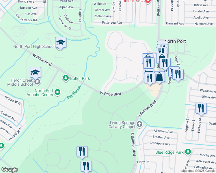 map of restaurants, bars, coffee shops, grocery stores, and more near 1060 Creek Nine Drive in North Port