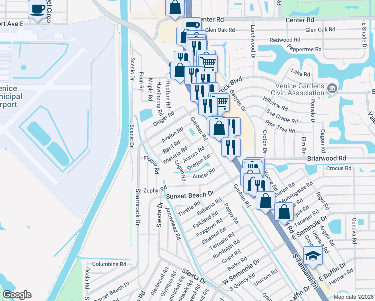 map of restaurants, bars, coffee shops, grocery stores, and more near 301 Wisteria Road in Venice