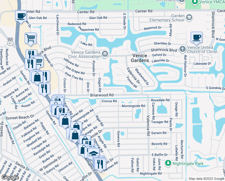 map of restaurants, bars, coffee shops, grocery stores, and more near 426 Clover Road in Venice