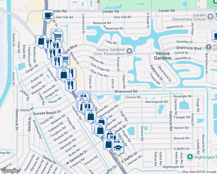 map of restaurants, bars, coffee shops, grocery stores, and more near 1786 Birch Drive in Venice