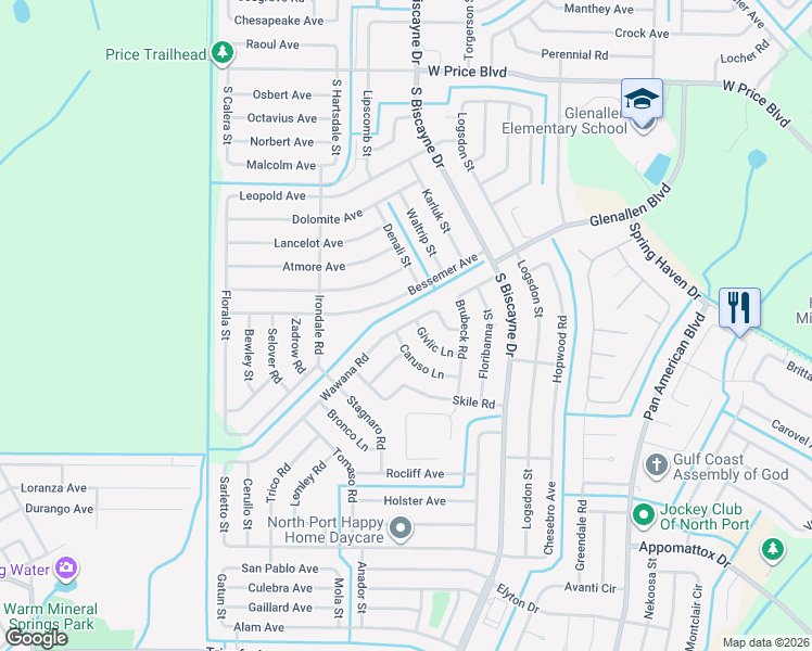 map of restaurants, bars, coffee shops, grocery stores, and more near 8233 Wawana Road in North Port