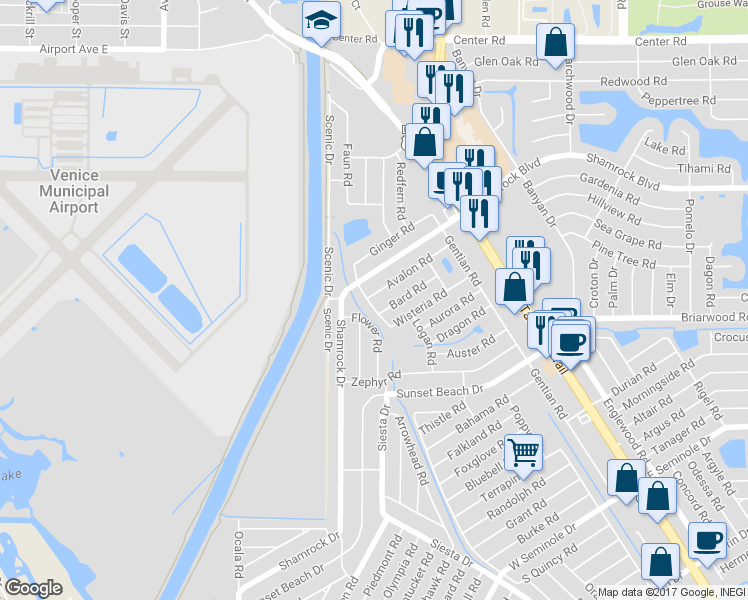 map of restaurants, bars, coffee shops, grocery stores, and more near 521 Avalon Road in Venice