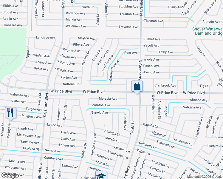 map of restaurants, bars, coffee shops, grocery stores, and more near 3310 West Price Boulevard in North Port