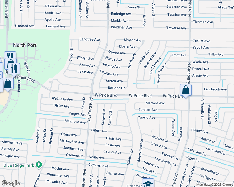 map of restaurants, bars, coffee shops, grocery stores, and more near 3650 West Price Boulevard in North Port