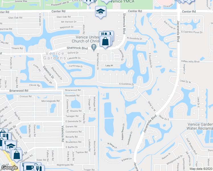map of restaurants, bars, coffee shops, grocery stores, and more near 724 South Gondola Drive in Venice