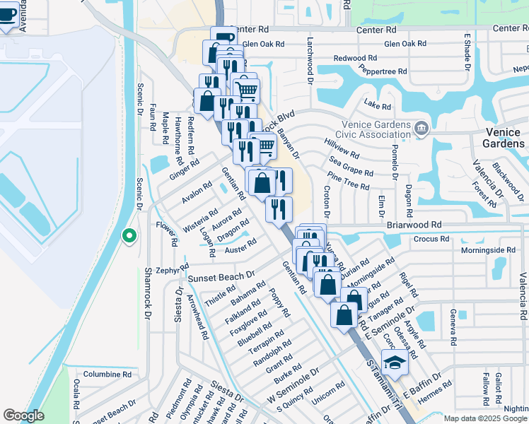 map of restaurants, bars, coffee shops, grocery stores, and more near 1746 South Tamiami Trail in South Venice
