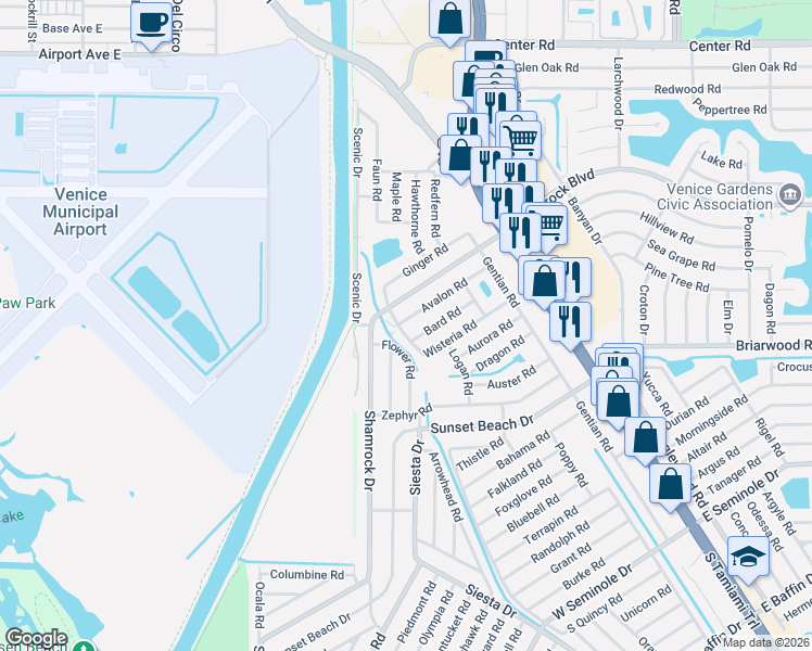 map of restaurants, bars, coffee shops, grocery stores, and more near 2408 Wisteria Road in Venice