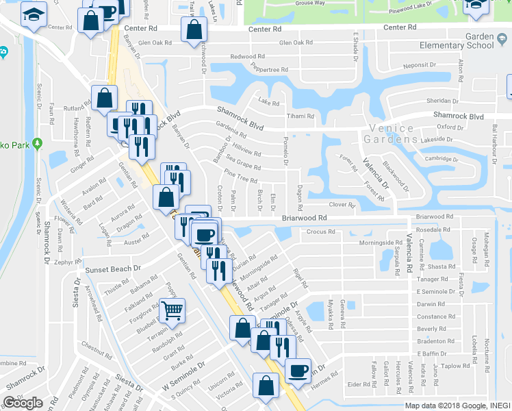 map of restaurants, bars, coffee shops, grocery stores, and more near 1786 Birch Drive in Venice