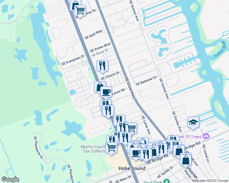 map of restaurants, bars, coffee shops, grocery stores, and more near 8535 Southeast Lyons Road in Hobe Sound