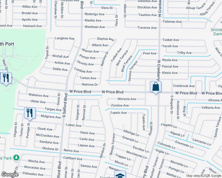 map of restaurants, bars, coffee shops, grocery stores, and more near 3464 W Price Blvd in North Port