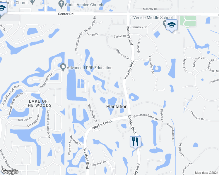 map of restaurants, bars, coffee shops, grocery stores, and more near 802 Carnoustie Drive in Venice