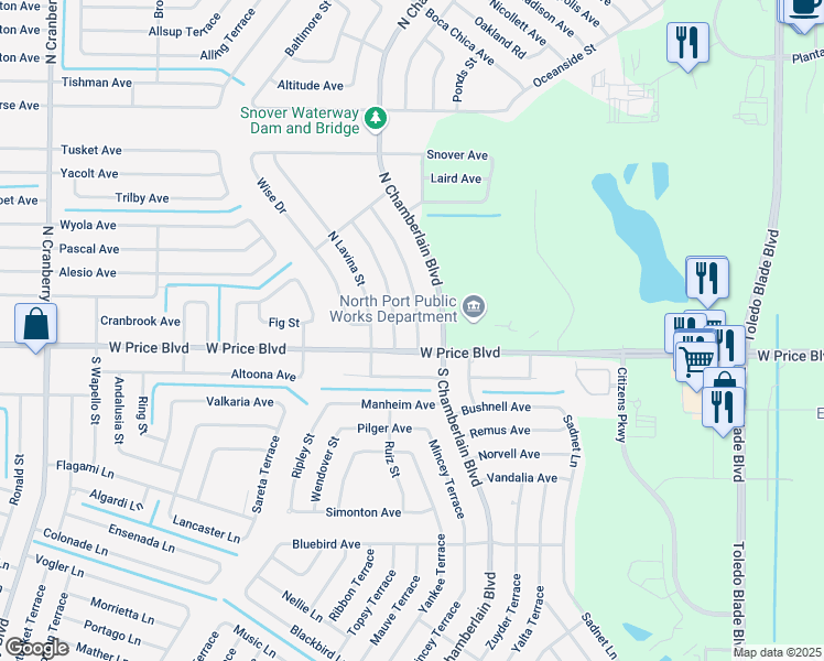 map of restaurants, bars, coffee shops, grocery stores, and more near 1061 McCrory Street in North Port