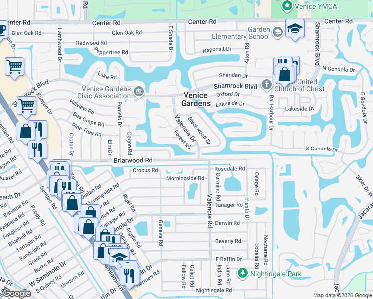 map of restaurants, bars, coffee shops, grocery stores, and more near 1786 Forest Road in Venice