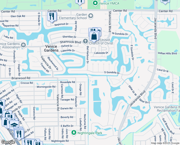 map of restaurants, bars, coffee shops, grocery stores, and more near 708 South Gondola Drive in Venice