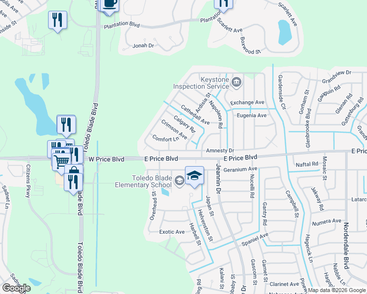 map of restaurants, bars, coffee shops, grocery stores, and more near 2497 Amnesty Drive in North Port