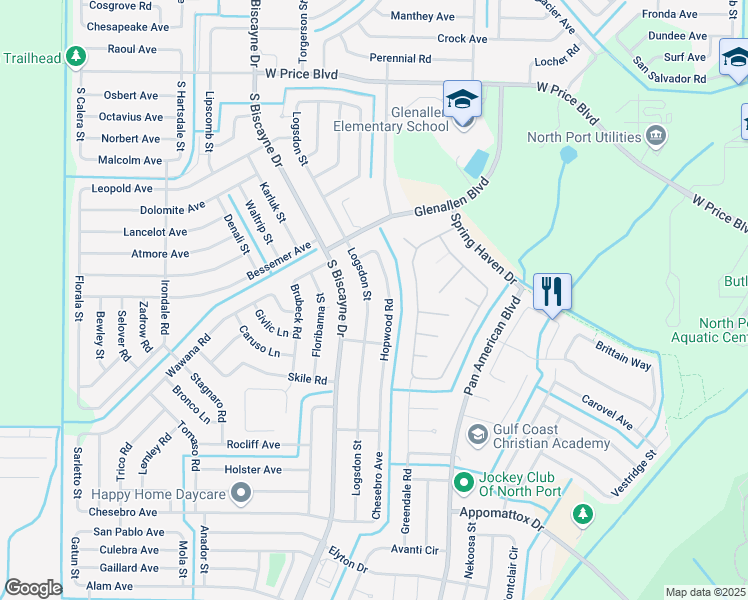 map of restaurants, bars, coffee shops, grocery stores, and more near 2200 Logsdon Street in North Port