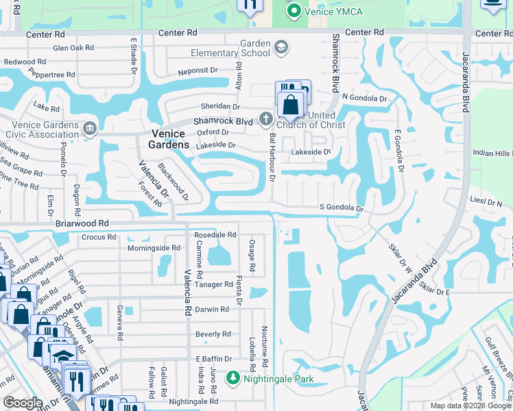 map of restaurants, bars, coffee shops, grocery stores, and more near 625 Briarwood Road in Venice