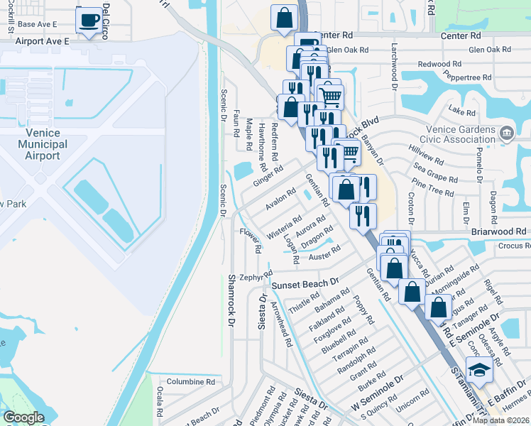 map of restaurants, bars, coffee shops, grocery stores, and more near 421 Bard Road in Venice