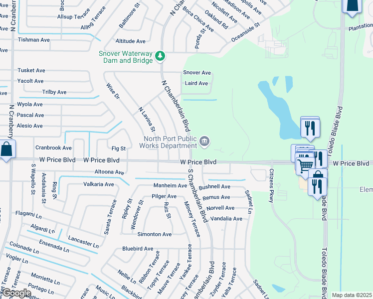 map of restaurants, bars, coffee shops, grocery stores, and more near 1097 North Chamberlain Boulevard in North Port