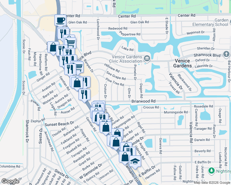 map of restaurants, bars, coffee shops, grocery stores, and more near 1790 Palm Drive in Venice