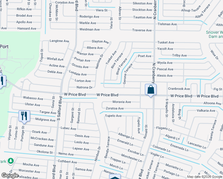 map of restaurants, bars, coffee shops, grocery stores, and more near 3517 Worthington Avenue in North Port