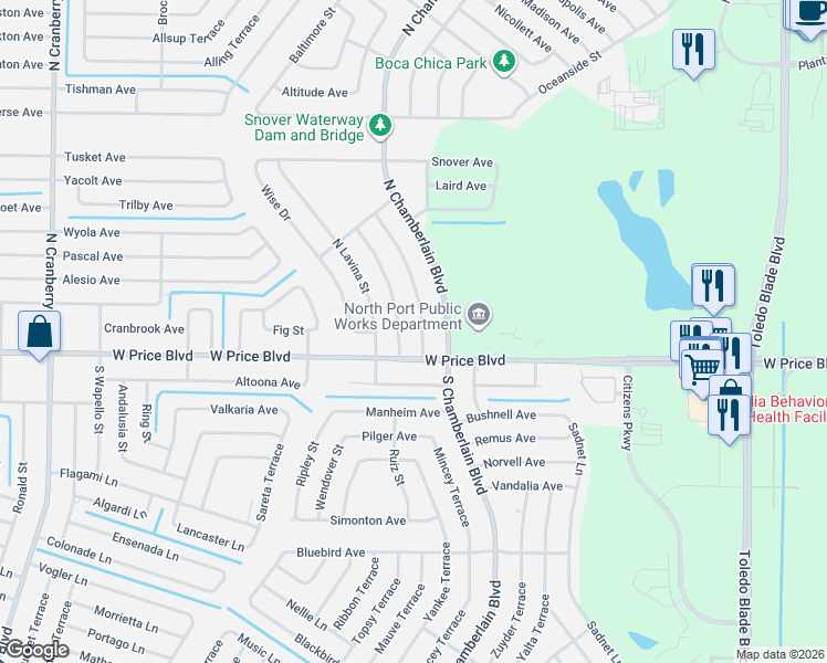 map of restaurants, bars, coffee shops, grocery stores, and more near 1061 McCrory Street in North Port