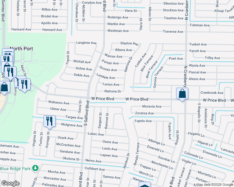 map of restaurants, bars, coffee shops, grocery stores, and more near 3650 West Price Boulevard in North Port