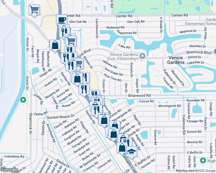 map of restaurants, bars, coffee shops, grocery stores, and more near 1778 Palm Drive in Venice