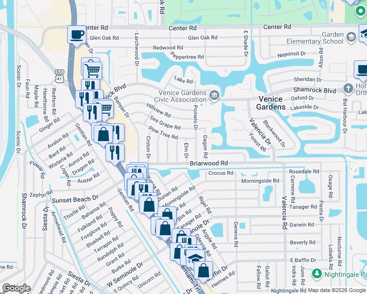 map of restaurants, bars, coffee shops, grocery stores, and more near 1790 Pomelo Drive in Venice