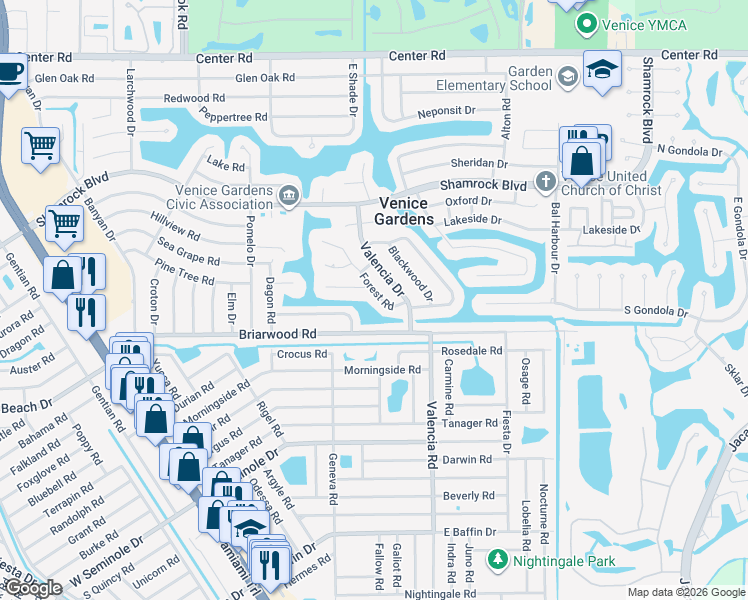 map of restaurants, bars, coffee shops, grocery stores, and more near 1786 Forest Road in Venice