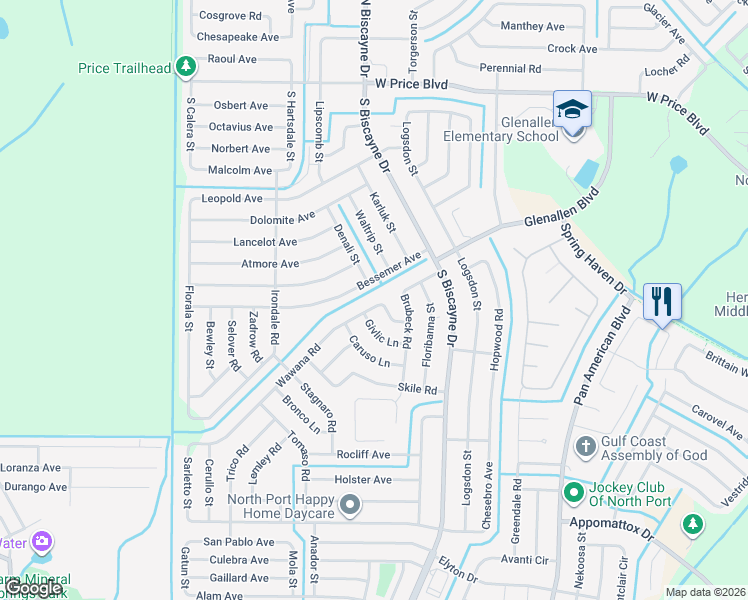map of restaurants, bars, coffee shops, grocery stores, and more near 8233 Wawana Road in North Port