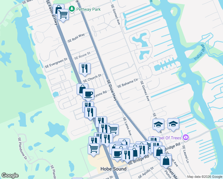 map of restaurants, bars, coffee shops, grocery stores, and more near Florida A1A & SE Lyons Rd in Hobe Sound