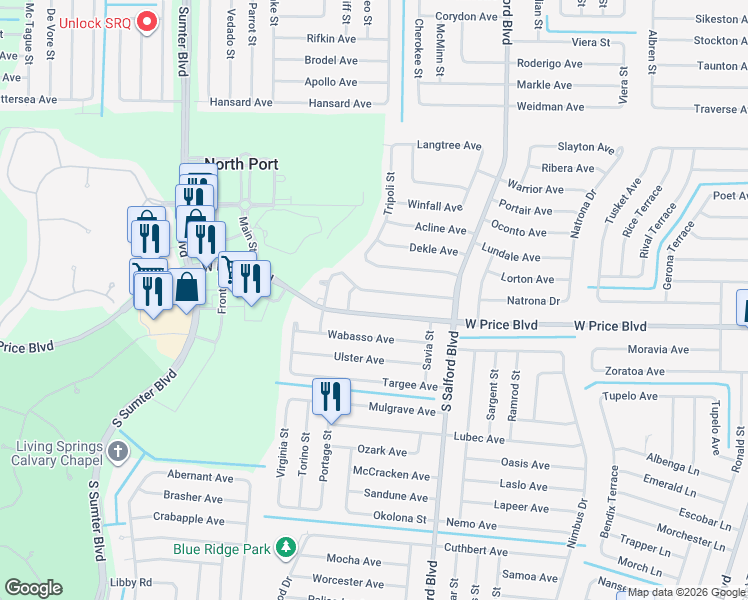 map of restaurants, bars, coffee shops, grocery stores, and more near 4476 Symco Avenue in North Port