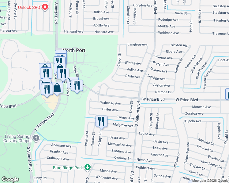 map of restaurants, bars, coffee shops, grocery stores, and more near 4476 Symco Avenue in North Port