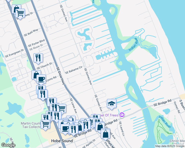 map of restaurants, bars, coffee shops, grocery stores, and more near 9184 Southeast Mystic Cove Terrace in Hobe Sound