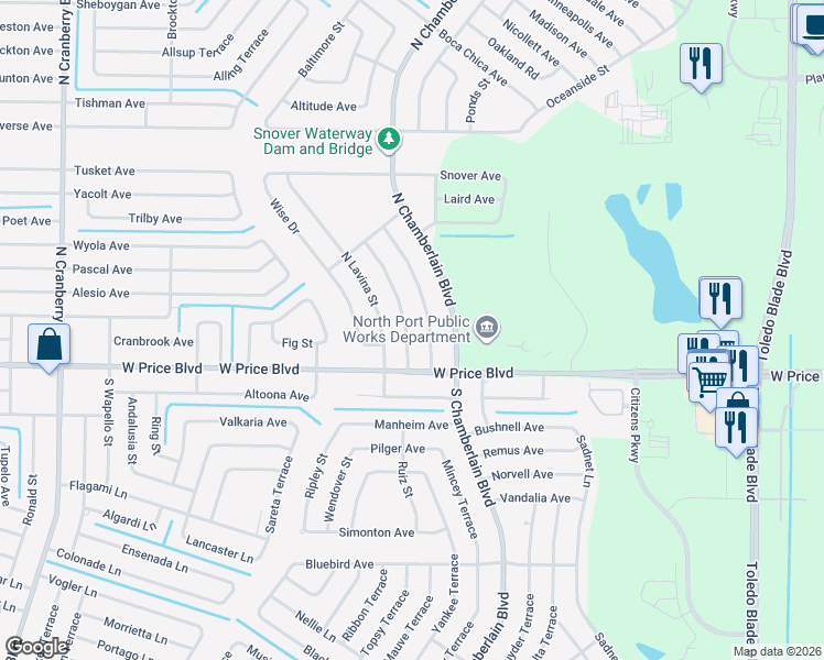 map of restaurants, bars, coffee shops, grocery stores, and more near 1161 McCrory Street in North Port