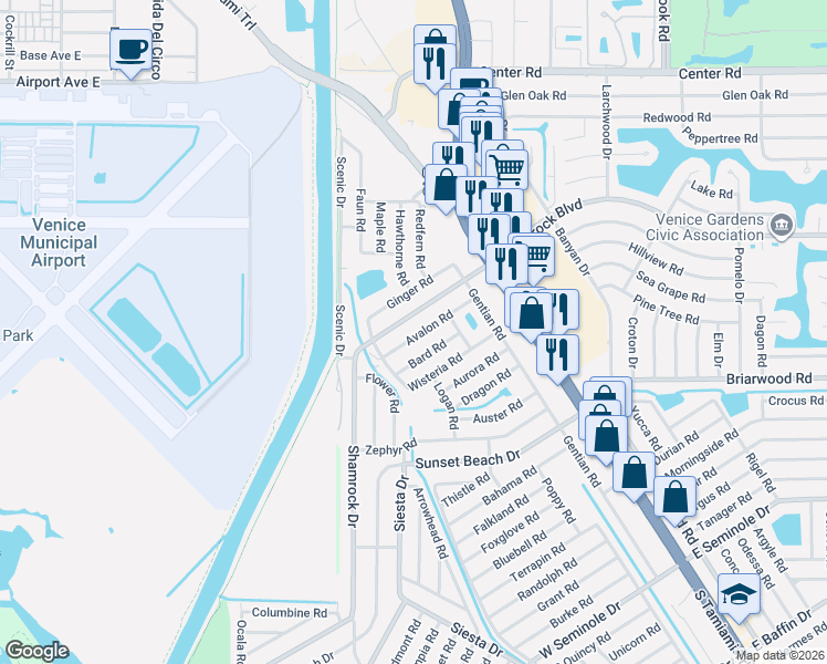 map of restaurants, bars, coffee shops, grocery stores, and more near 48 Shamrock Boulevard in Venice