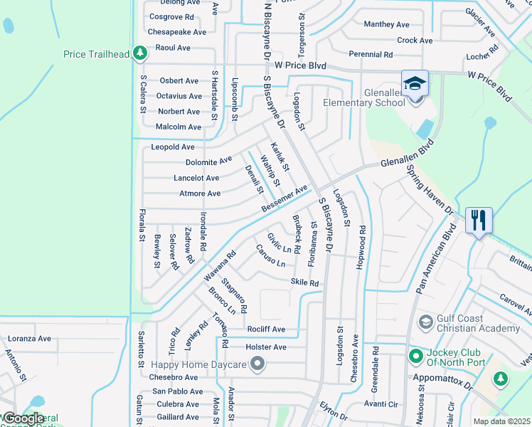 map of restaurants, bars, coffee shops, grocery stores, and more near 1956 Denali Street in North Port