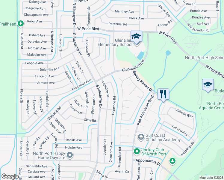 map of restaurants, bars, coffee shops, grocery stores, and more near 2184 Hopwood Road in North Port