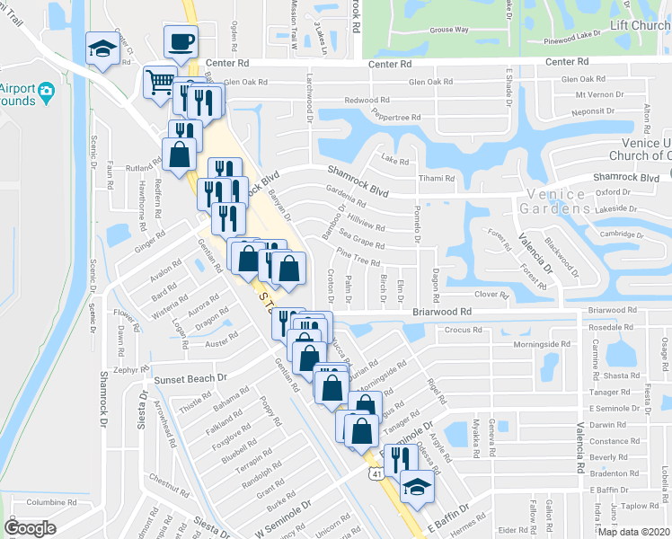 map of restaurants, bars, coffee shops, grocery stores, and more near 1765 Croton Drive in Venice
