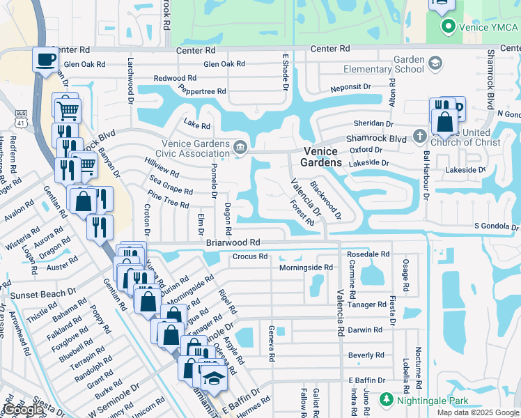 map of restaurants, bars, coffee shops, grocery stores, and more near 424 Edgewood Road in Venice