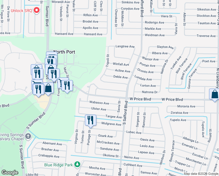 map of restaurants, bars, coffee shops, grocery stores, and more near 4326 Symco Avenue in North Port