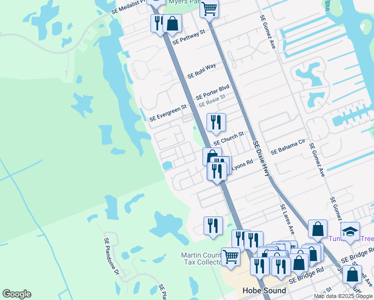 map of restaurants, bars, coffee shops, grocery stores, and more near 11000 Southeast Federal Highway in Hobe Sound